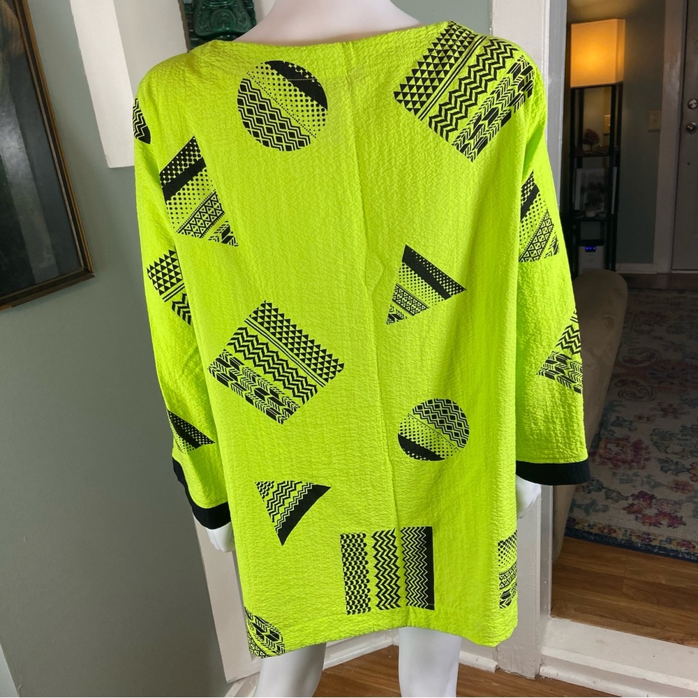 Ali Miles Popover Neon Yellow Black Geometric Patterned Tunic Blouse Shirt Top M - Picture 5 of 10